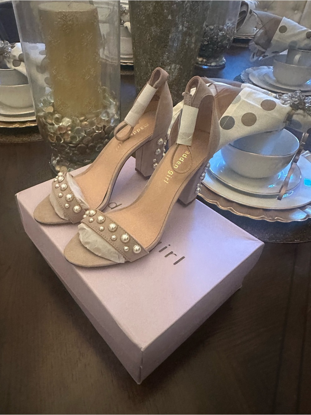 Brand New Size 8 Madden Girl Blush Pink Pearl-Embellished Block Heel Sandals